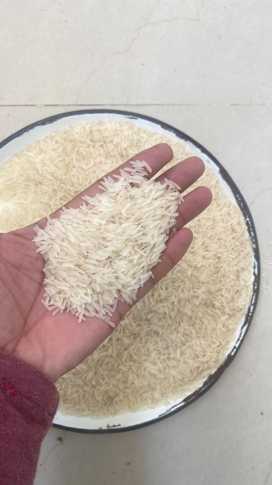 A hand holding milled rice over a sample tray