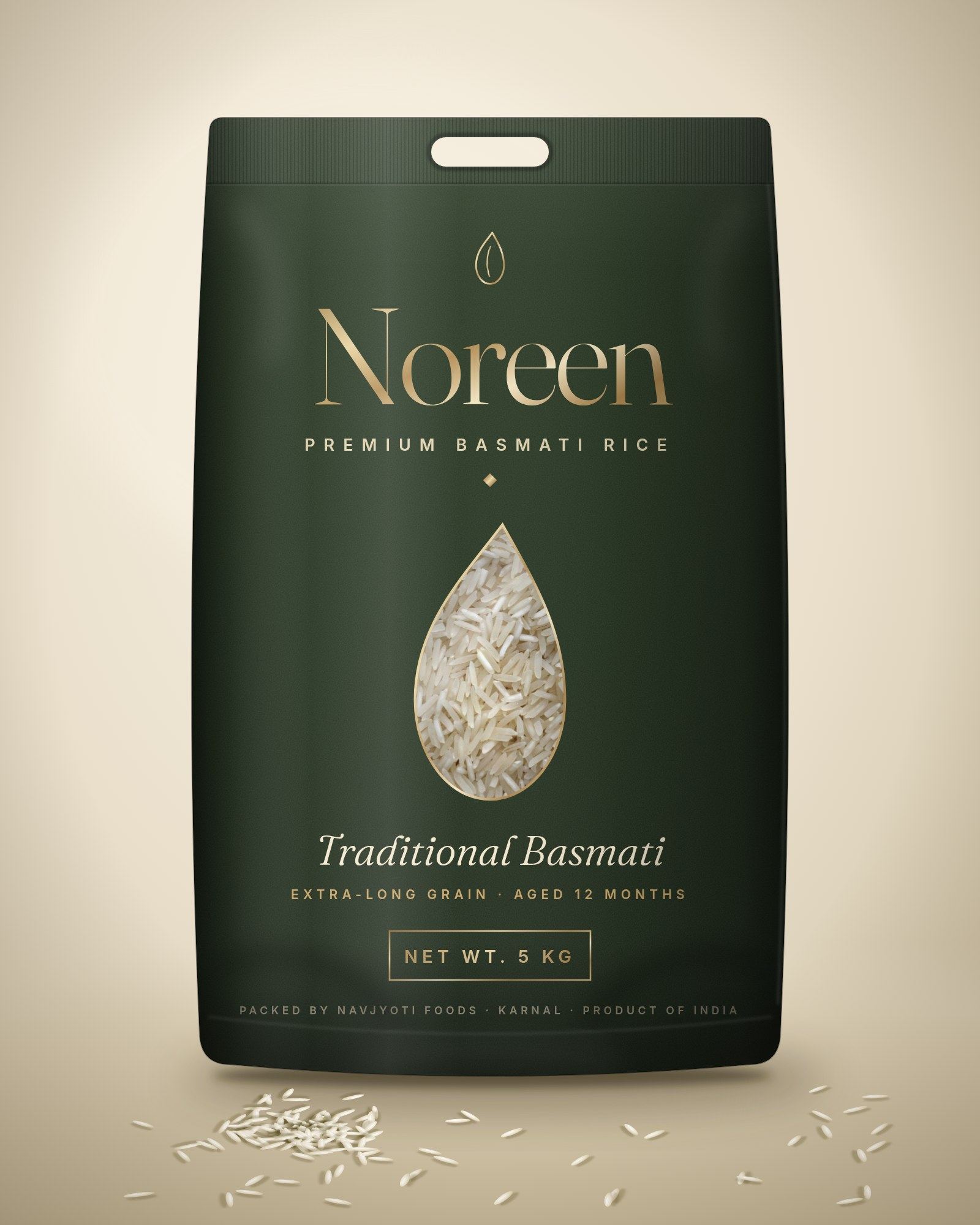 A 5 kg bag of Noreen Traditional Basmati in a matte green pack with a gold label