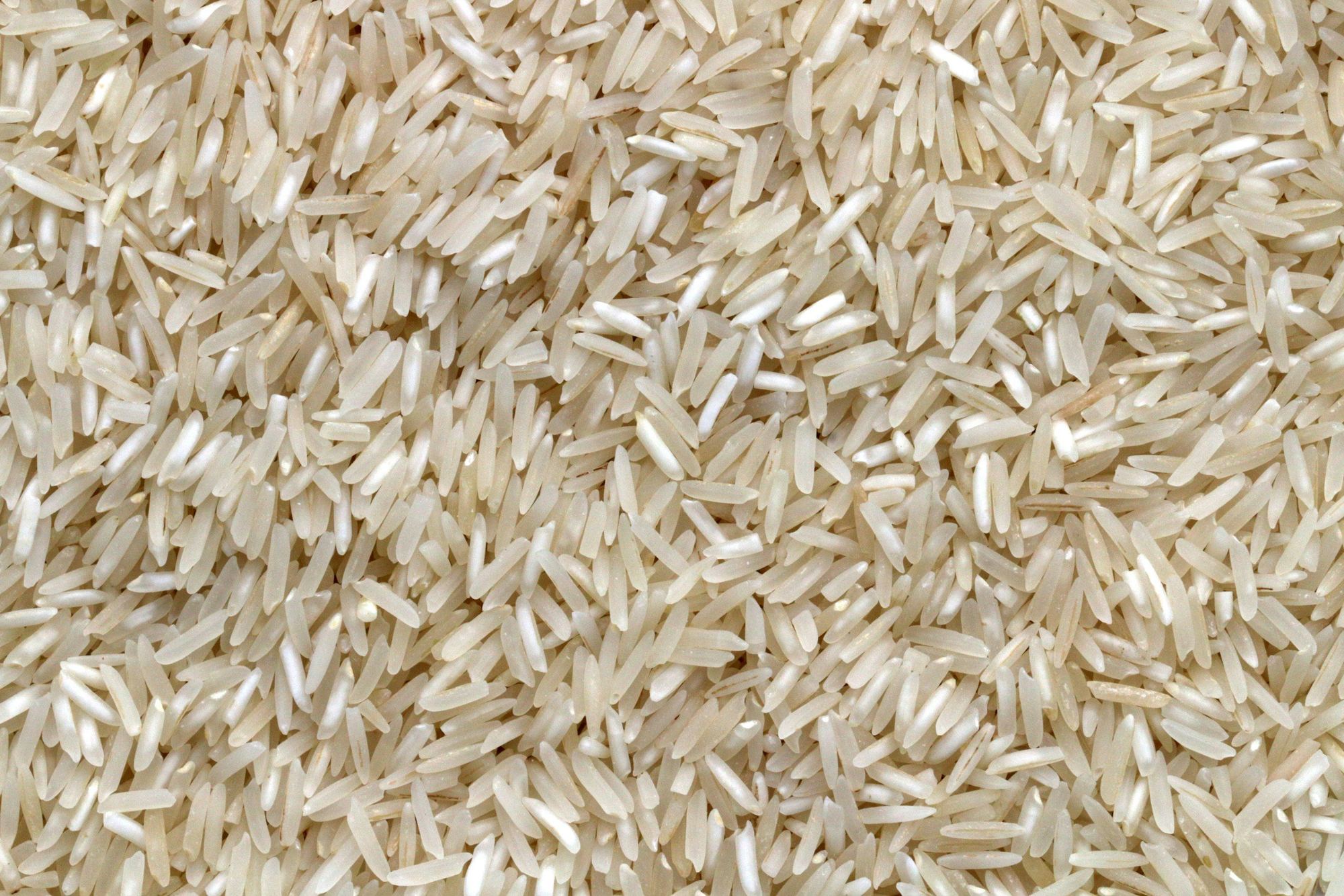 Long, slender grains of raw basmati rice